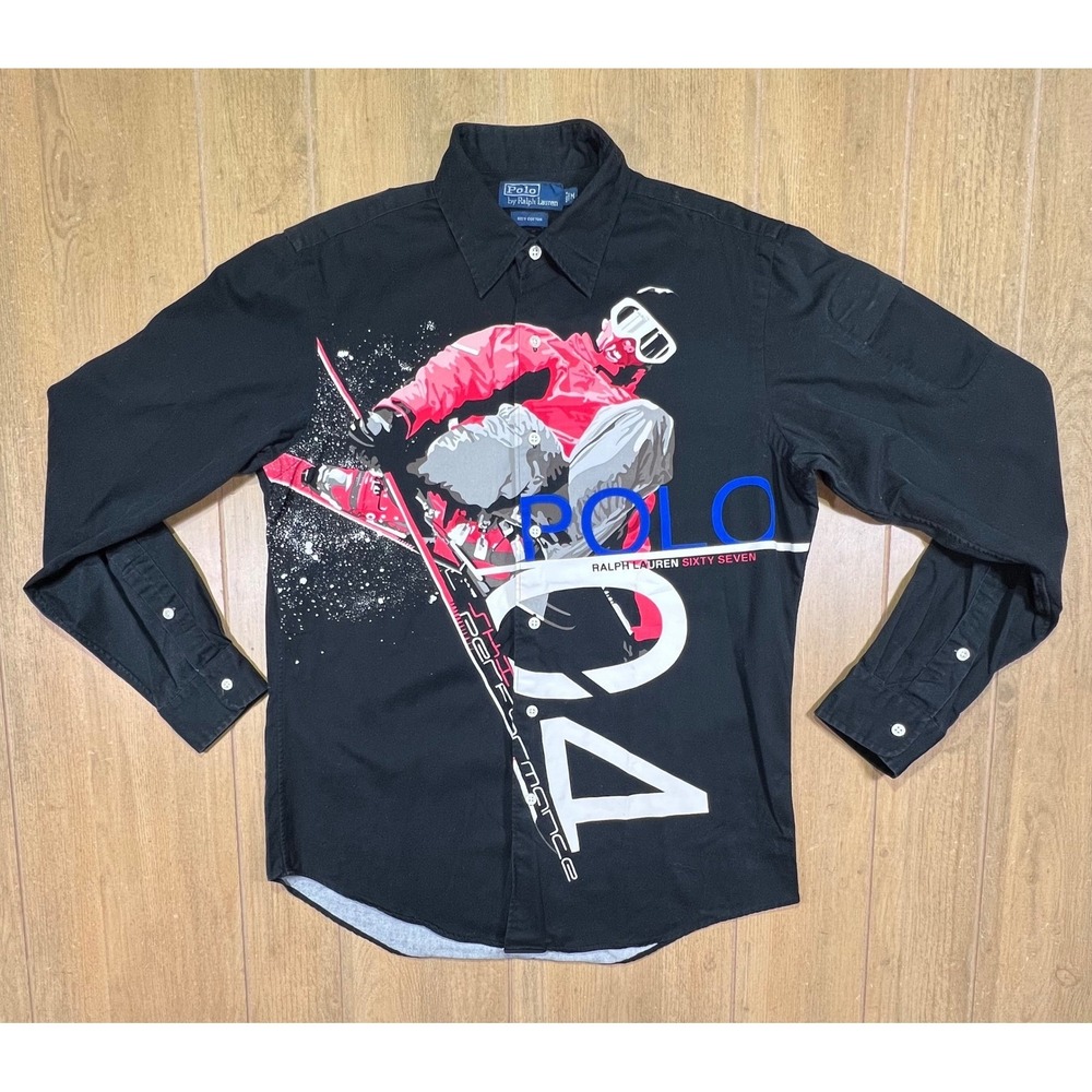 Polo Ralph Lauren Sixty Seven Skier Graphic Button Down Shirt Black Mens Medium